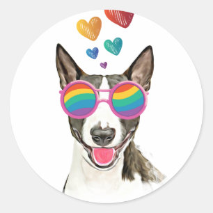 Sticker Rond Bull Terrier Chien avec Coeurs Saint-Valentin