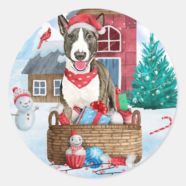 Sticker Rond Bull Terrier Chien dans la neige Maison de Chien d (Devant)
