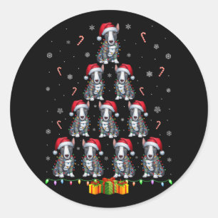 Sticker Rond Bull Terrier Chien Santa Hat Noël Lumières Noël T