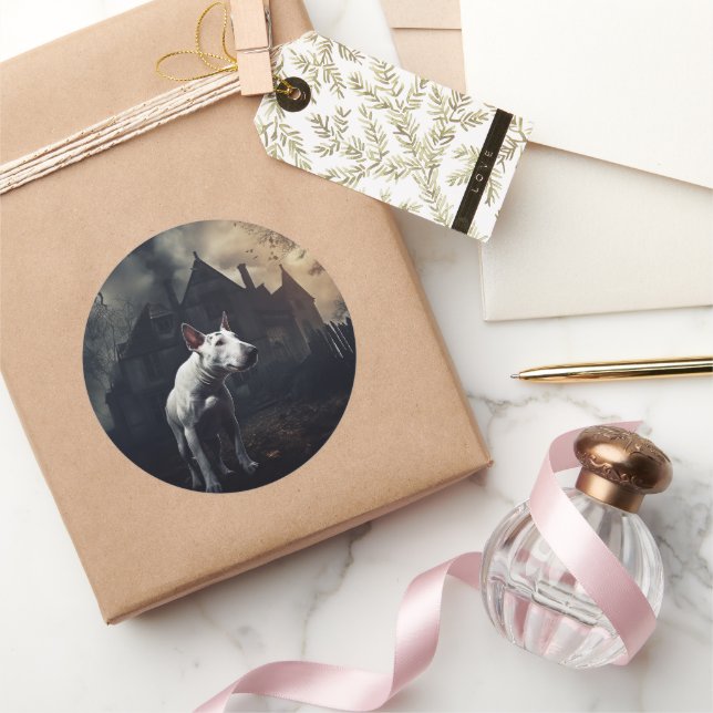 Sticker Rond Bull Terrier Halloween effroi (Cadeaux)