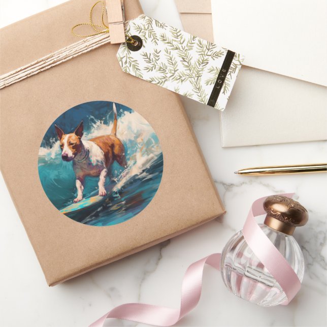 Sticker Rond Bull Terrier Plage Surf Peinture (Cadeaux)