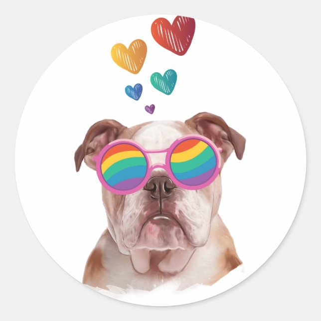 Sticker Rond Bulldog anglais avec des coeurs Saint-Valentin (Devant)