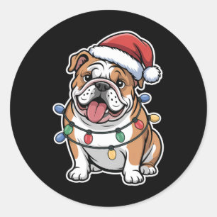 Sticker Rond Bulldog Anglais Enveloppé Dans Les Lumières De Noë