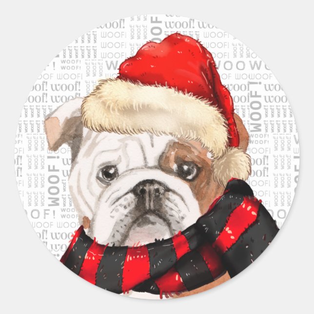 Sticker Rond Bulldog anglais et Woof Word Art Noël (Devant)