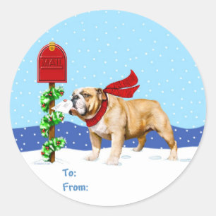Sticker Rond Bulldog Christmas Holiday Mail Tags cadeaux