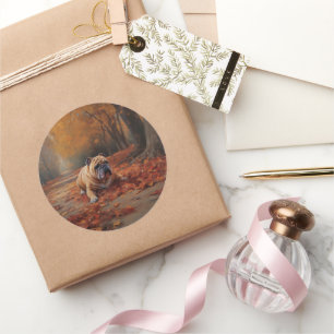 Sticker Rond Bulldog en automne Feuilles automne Inspire