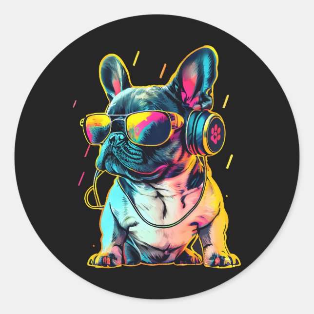 Sticker Rond Bulldog français Rétrowave avec casque et Sungl (Devant)