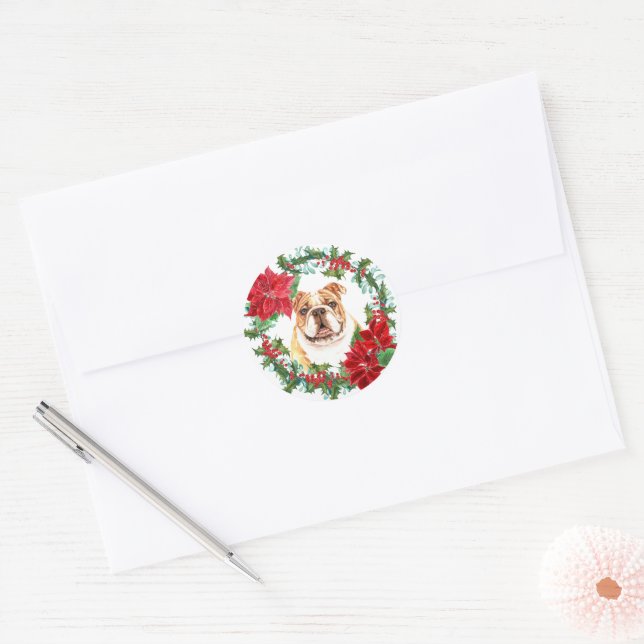 Sticker Rond Bulldog Poinsettia Holly Berry (Enveloppe)