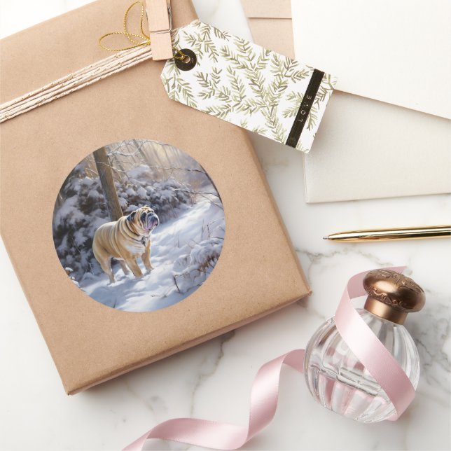 Sticker Rond Bulldog Qu'Il Neige Noël Brossé (Cadeaux)