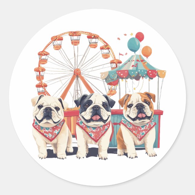 Sticker Rond Bulldogs Anglais À Un Carnaval (Devant)