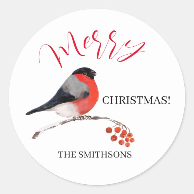 Sticker Rond Bullfinch and red Rowan berries, Merry Christmas! (Devant)