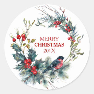 Sticker Rond Bullfinch et couronne de Noël