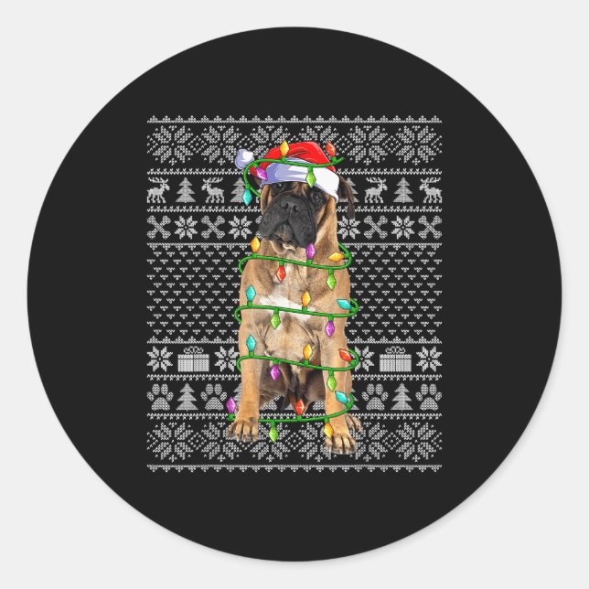 Sticker Rond Bullmastiff Christmas Lights Ugly Sweater Funny Pe (Devant)