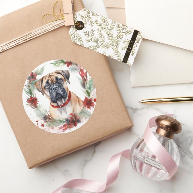 Sticker Rond Bullmastiff Noël Wreath Festive Pup (Cadeaux)