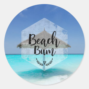 Sticker Rond Bum de plage avec parasol de plage de chaume