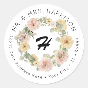 Sticker Rond Bumble Bee Floral Blush Yellow Aquarelle Adresse