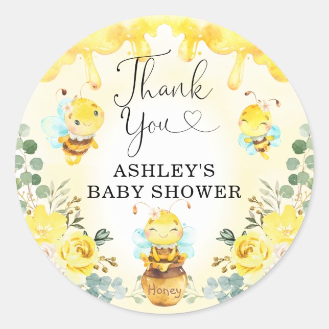Sticker Rond Bumble Bee Honey Pot Baby shower Floral Favoriser (Devant)
