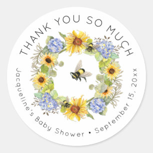 Sticker Rond Bumble Bee Sunflower Blue Hydrangea Baby shower