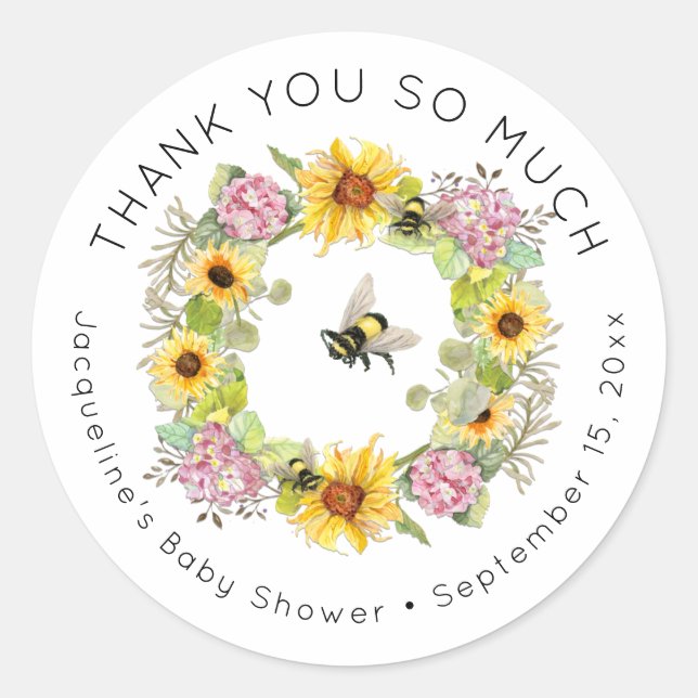 Sticker Rond Bumble Bee Sunflower Hydrangea Baby shower Floral (Devant)