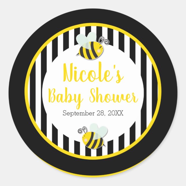 Sticker Rond Bumble Black White Yellow Bee Theme Baby shower (Devant)