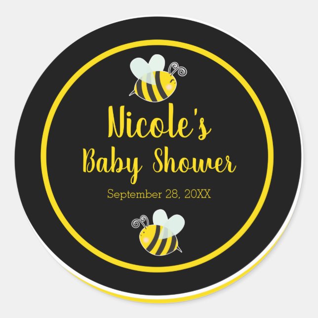 Sticker Rond Bumble Thème Bébé Shower Noir et Jaune Blanc (Devant)