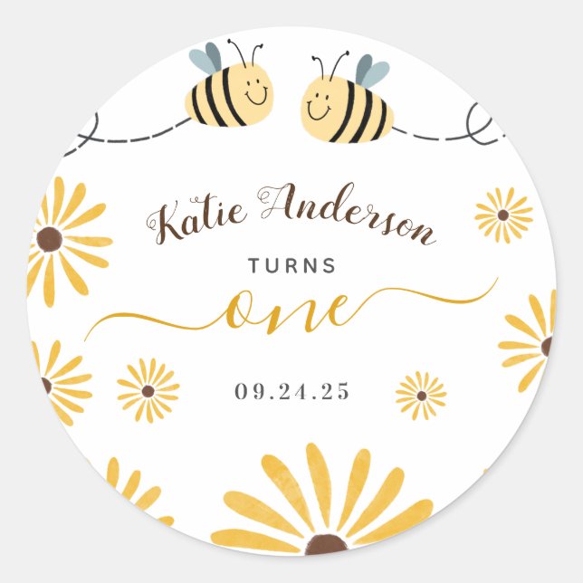 Sticker Rond Bumblebebe jaune et tournesol premier anniversaire (Devant)
