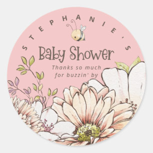 Sticker Rond Bumblebee Florals Nom Merci Bébé Douche rose