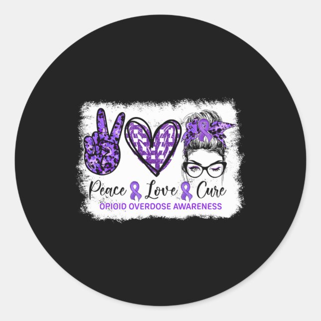 Sticker Rond Bun Peace Love Cure Purple Ribbon Opioïde Overdose (Devant)
