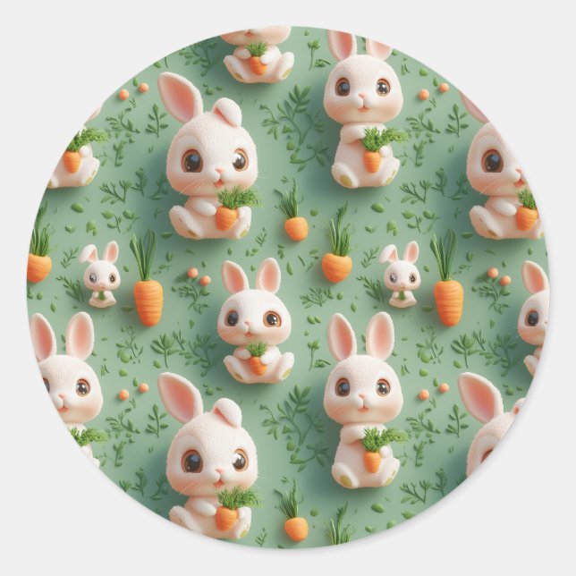 Sticker Rond Bunnies et carottes Fluffy 3D Motif sans fil (Devant)