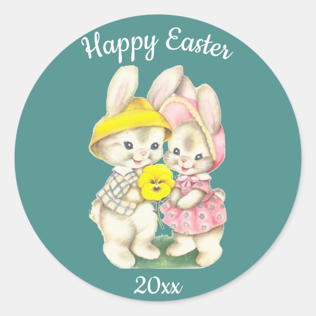 Sticker Rond Bunnies vintages de Pâques. (Devant)