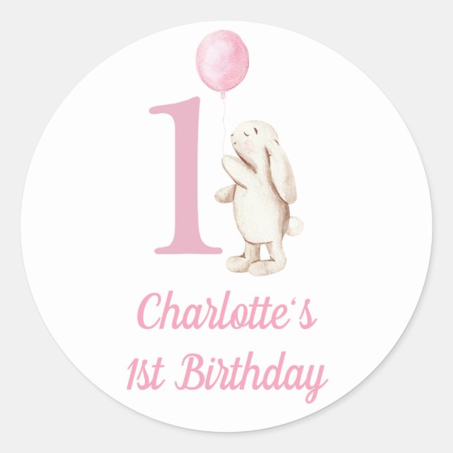 Sticker Rond Bunny & Balloon rose 1er anniversaire (Devant)