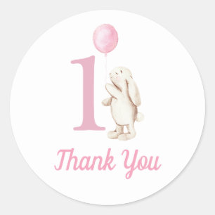 Sticker Rond Bunny & Balloon rose 1er anniversaire Merci
