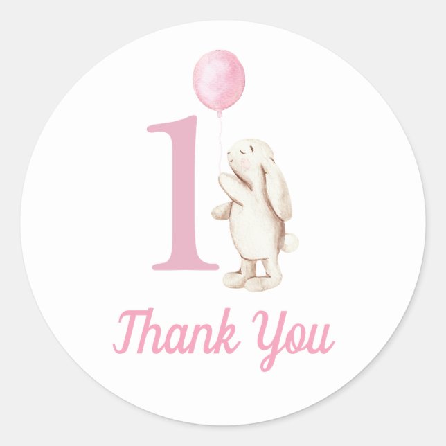 Sticker Rond Bunny & Balloon rose 1er anniversaire Merci (Devant)