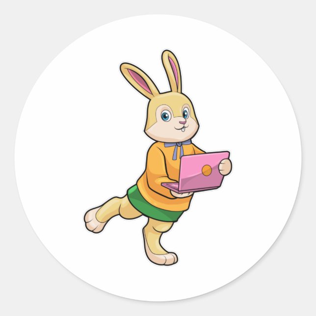Sticker Rond Bunny comme secrétaire avec ordinateur portable (Devant)