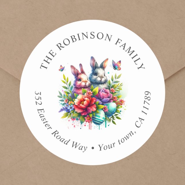 Sticker Rond Bunny Floral Pâques Adresse de retour (Cute easter bunny, easter eggs, floral, easter return address label sticker.)