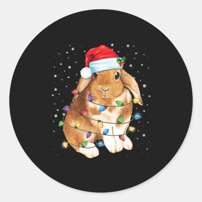Sticker Rond Bunny Rabbit Christmas Lights Santa Hat Funny Xmas (Devant)