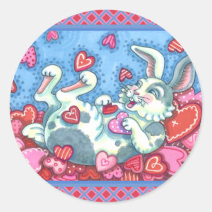 STICKER ROND BUNNY RABBIT & COEURS COLORÉS ÉLEVANT VALENTINES