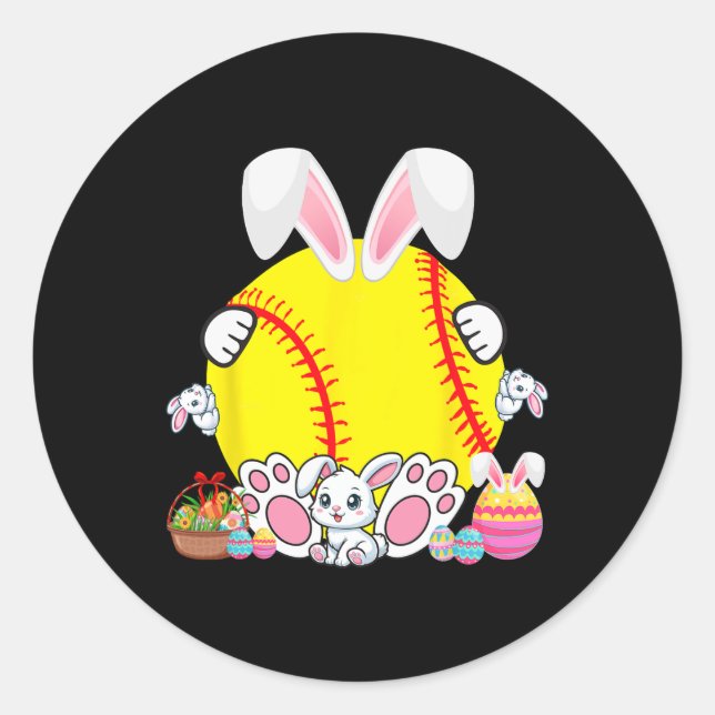 Sticker Rond Bunny Softball Ball Costume Pâques Joueur Fan Chas (Devant)