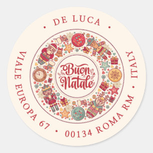 Sticker Rond Buon Natale Wreath Italian Red Adresse de retour