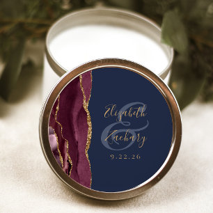 Sticker Rond Burgundy Agate Navy Blue Gold Script Mariage