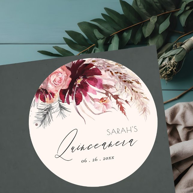Sticker Rond Burgundy Blush Floral Pampas Grass Quinceanera (Créateur téléchargé)