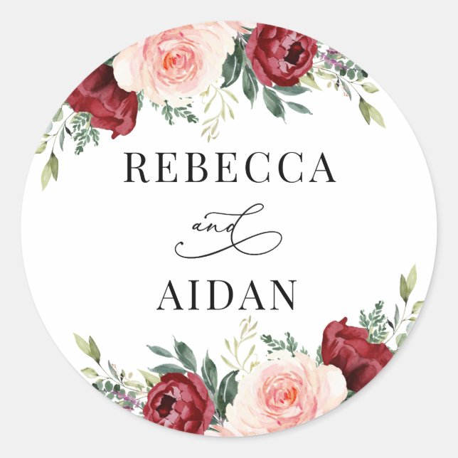 Sticker Rond Burgundy Blush Floral Personnalisé Mariage Classiq (Devant)