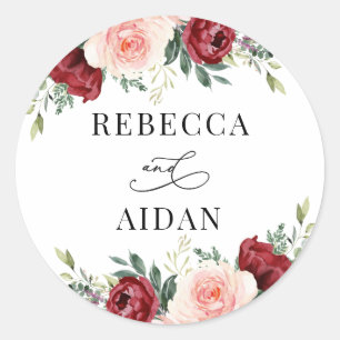 Sticker Rond Burgundy Blush Floral Personnalisé Mariage Classiq