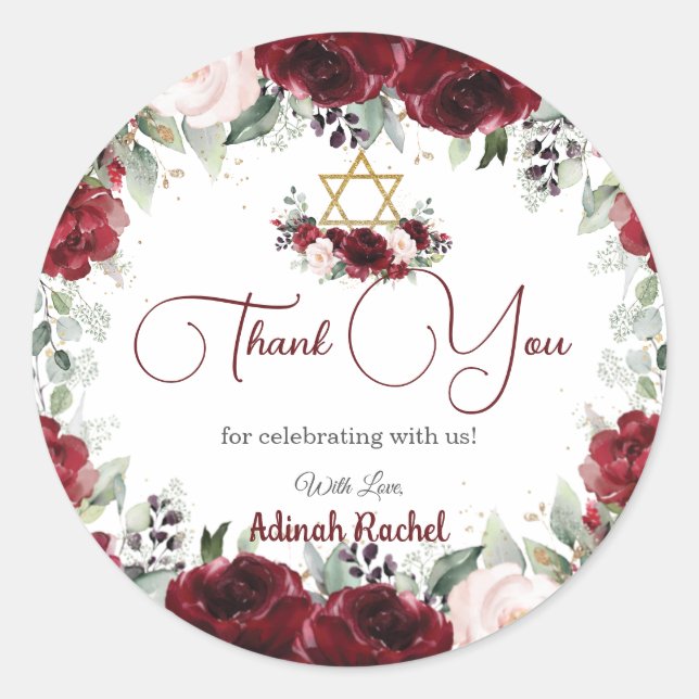 Sticker Rond Burgundy Blush Floral Star Bat mitzvah de David (Devant)