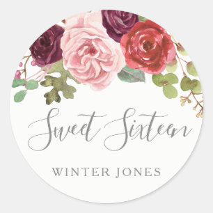 Sticker Rond Burgundy Blush Floral Sweet 16 Favor Seal