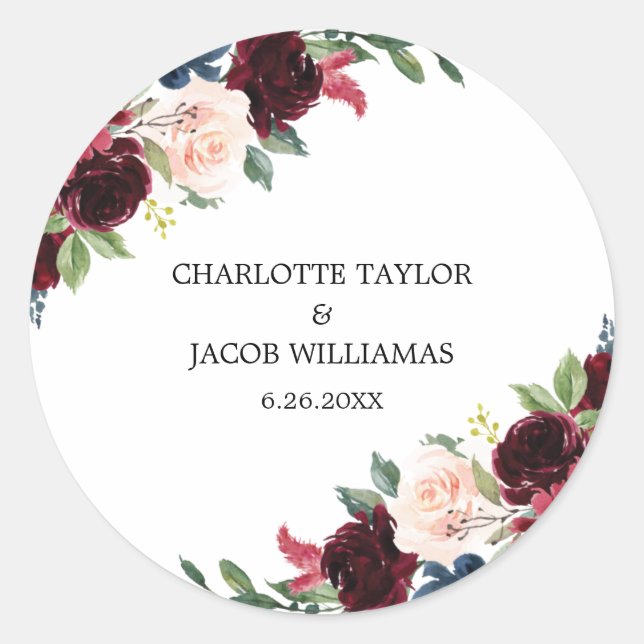 Sticker Rond Burgundy Blush Navy Blue Floral Rustic Mariage (Devant)