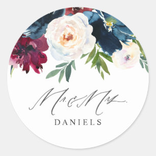 Sticker Rond Burgundy Blush & Navy Floral Mr & Mrs Mariage