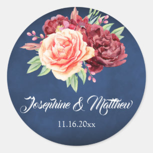 Sticker Rond Burgundy Blush Rose Floral Navy Mariage de tableau