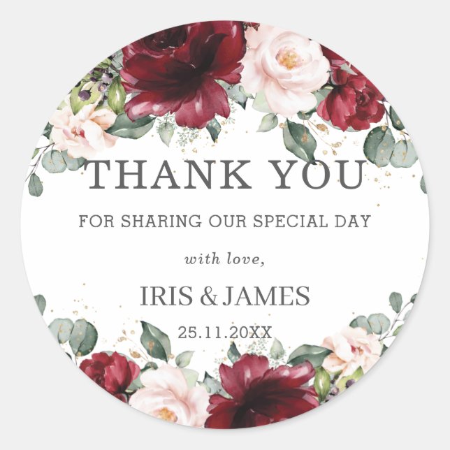 Sticker Rond Burgundy Blush rose Wedding shower Floral Annivers (Devant)