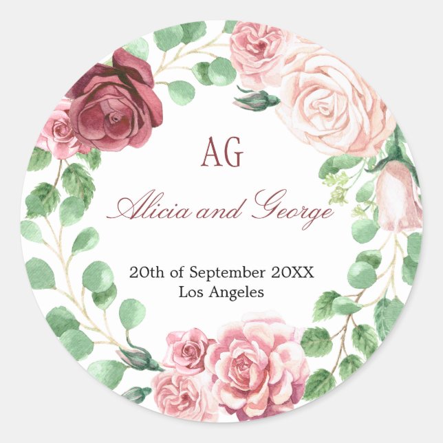 Sticker Rond Burgundy Blush Roses Wreath Mariage monogramme (Devant)